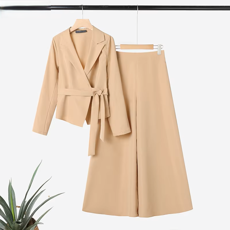 ZANZEA Women’s Belted Blazer & Wide-Leg Pant Set
