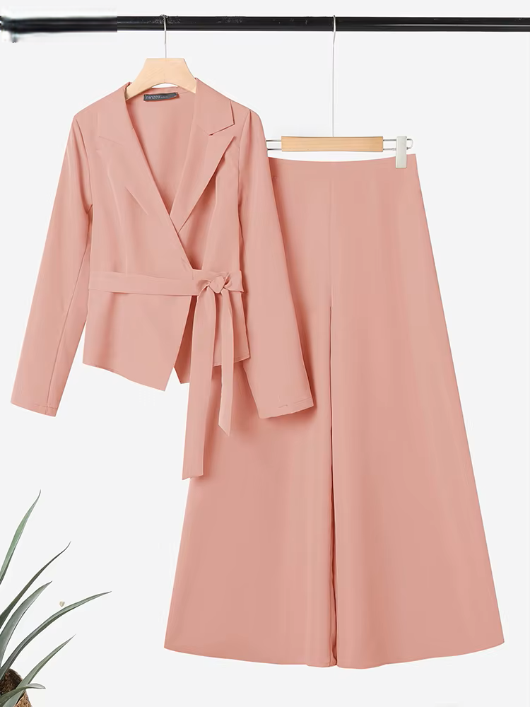 ZANZEA Women’s Belted Blazer & Wide-Leg Pant Set