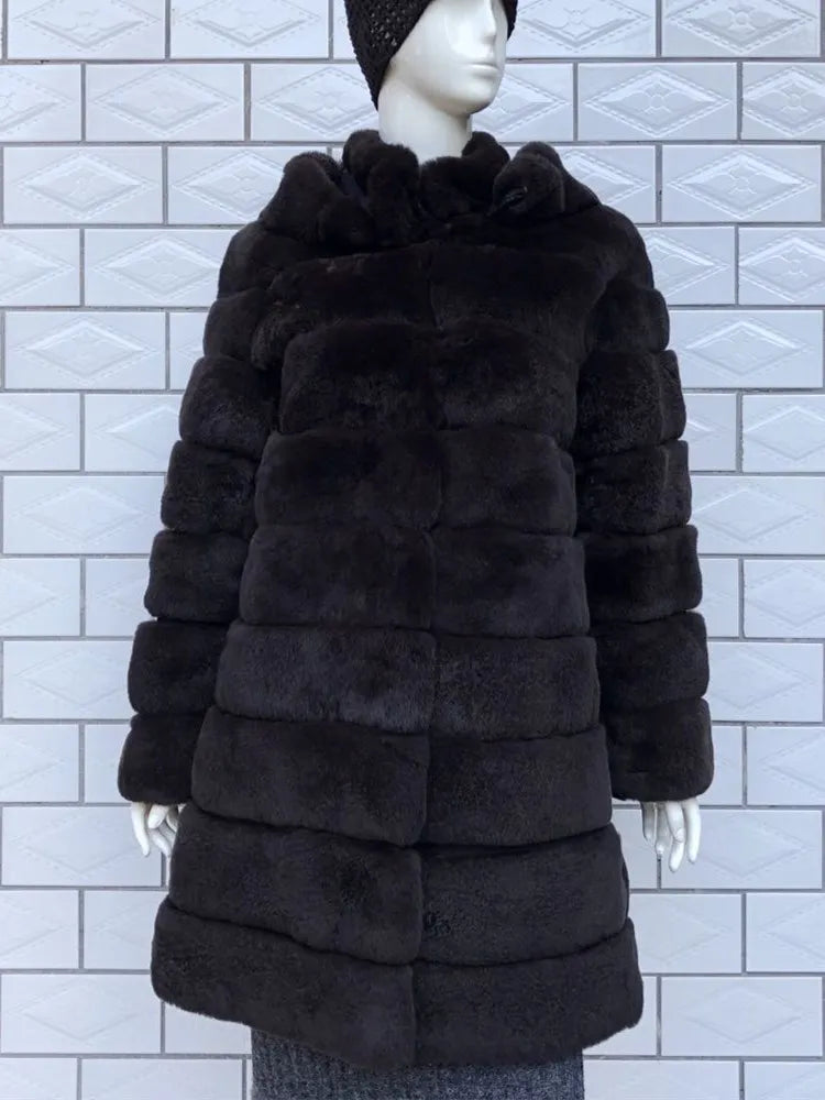 Luxury Rex Rabbit Fur Coat with Hood