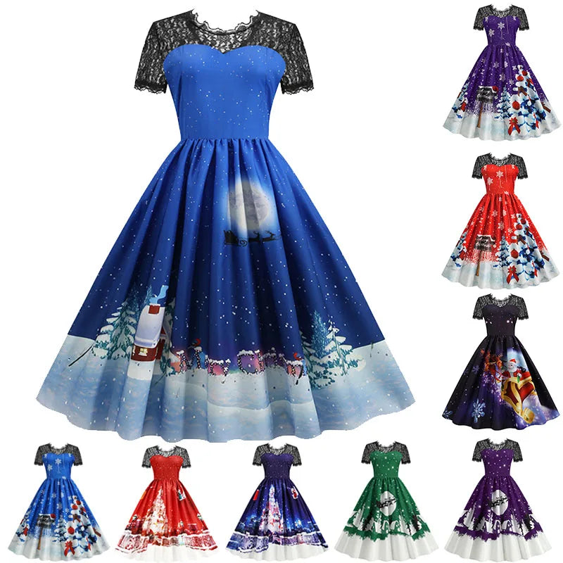 Holiday Lace-Trim Vintage Waist Dress
