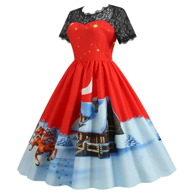 Holiday Lace-Trim Vintage Waist Dress