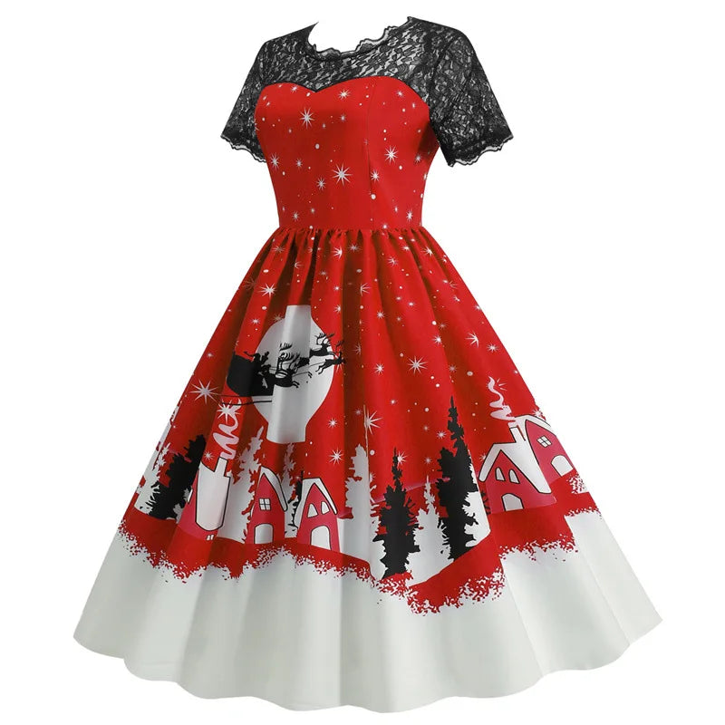 Holiday Lace-Trim Vintage Waist Dress