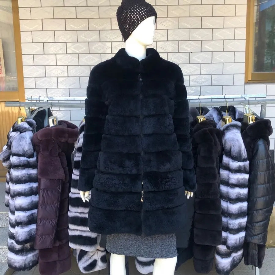 Luxury Rex Rabbit Fur Coat with Hood