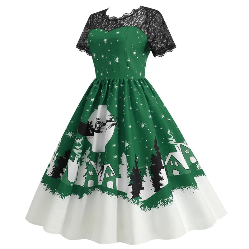 Holiday Lace-Trim Vintage Waist Dress