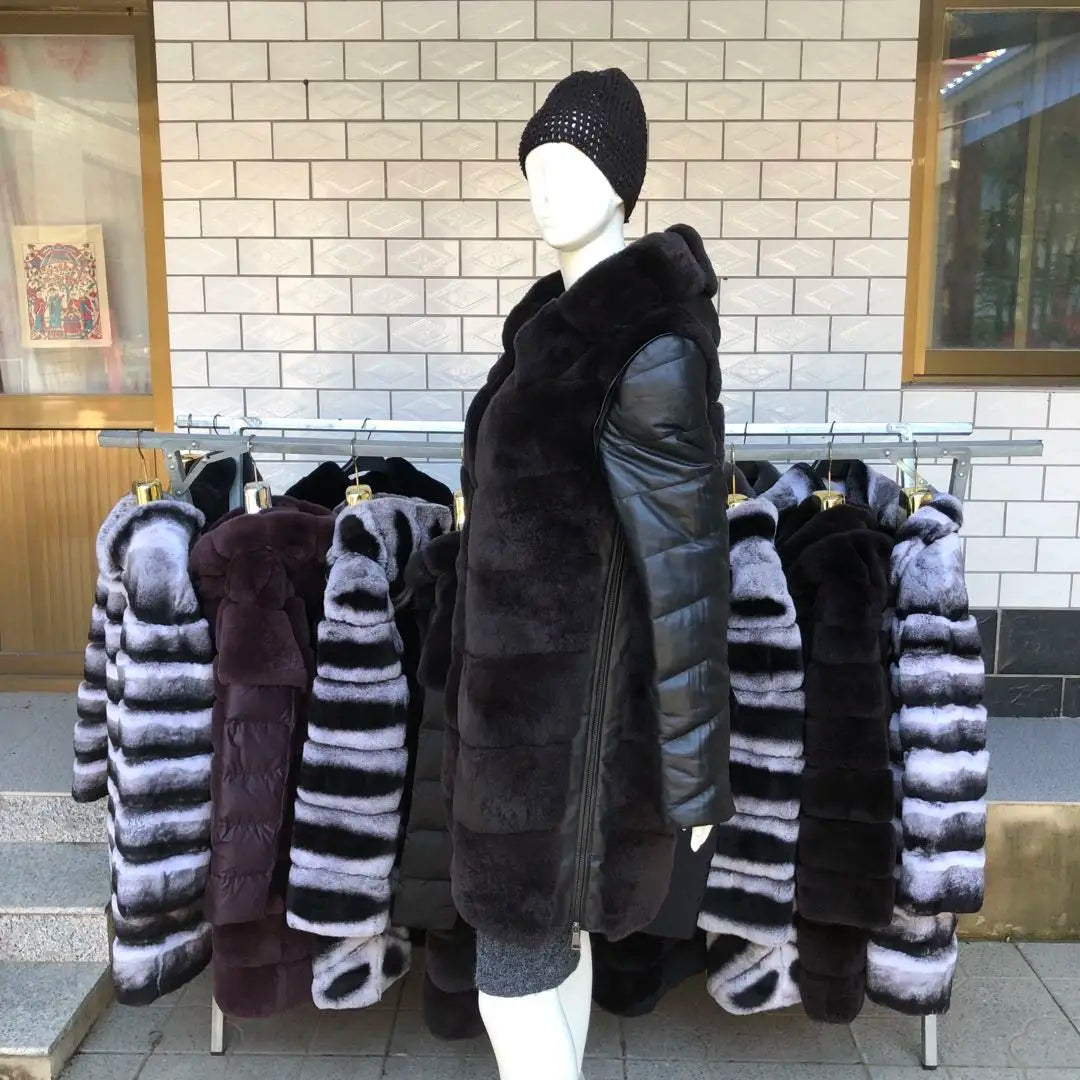 Luxury Rex Rabbit Fur Coat with Hood