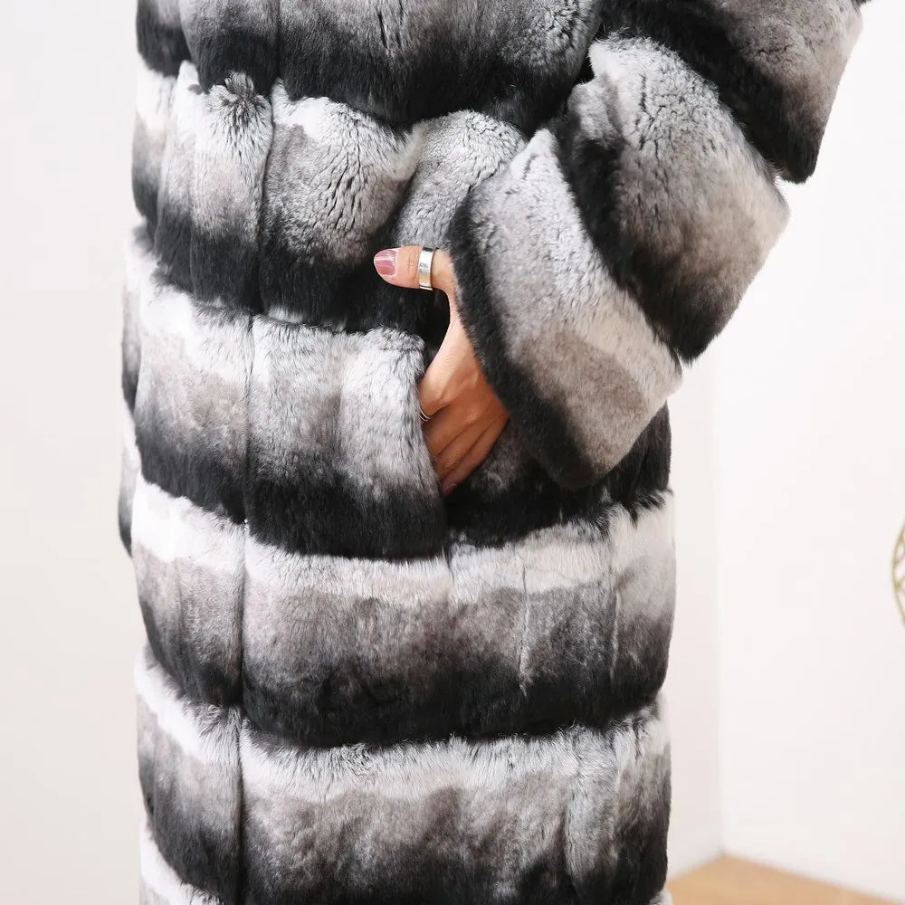 Luxury Rex Rabbit Fur Coat with Hood
