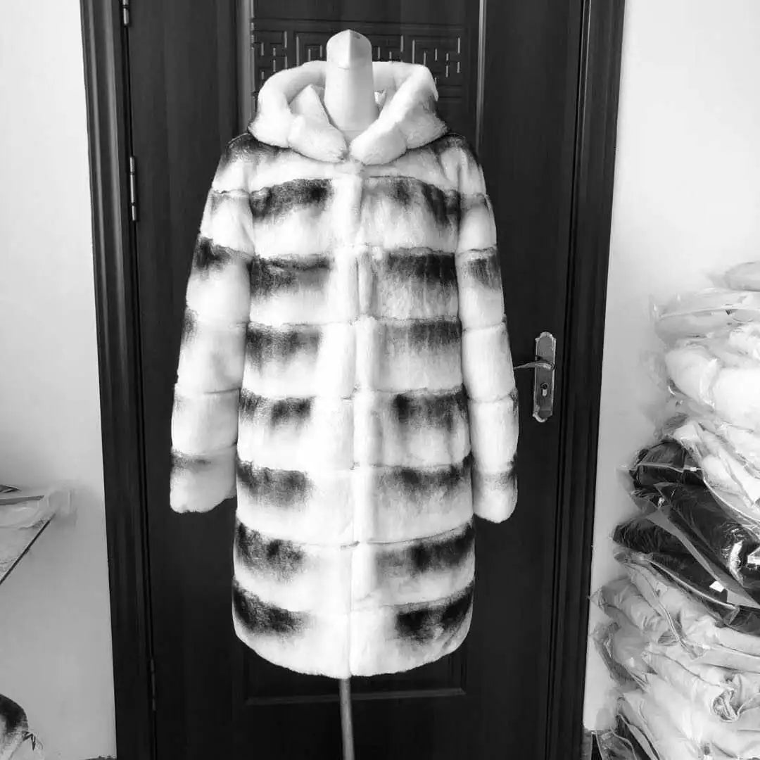 Luxury Rex Rabbit Fur Coat with Hood