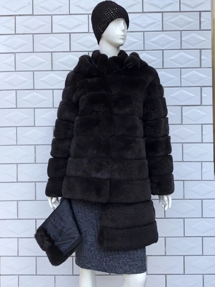 Luxury Rex Rabbit Fur Coat with Hood