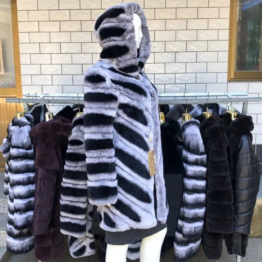 Luxury Rex Rabbit Fur Coat with Hood