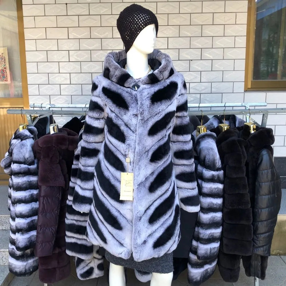 Luxury Rex Rabbit Fur Coat with Hood