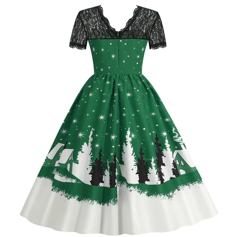 Holiday Lace-Trim Vintage Waist Dress