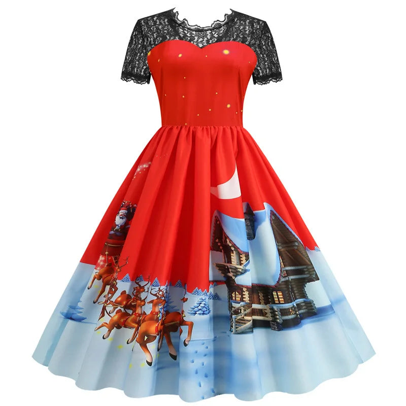 Holiday Lace-Trim Vintage Waist Dress