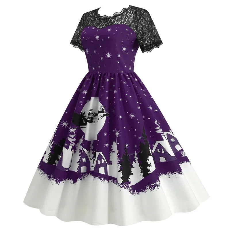 Holiday Lace-Trim Vintage Waist Dress