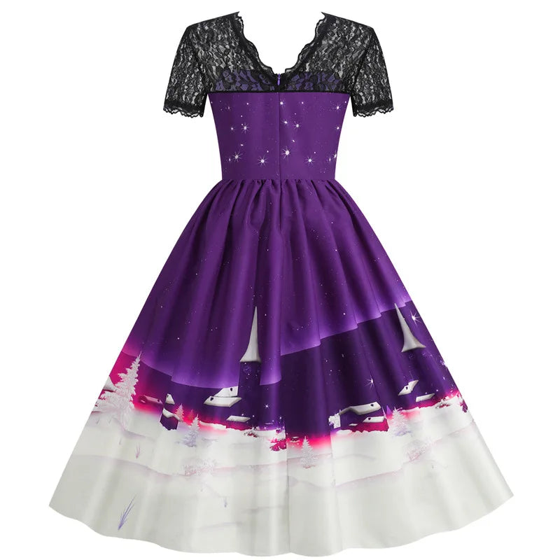 Holiday Lace-Trim Vintage Waist Dress