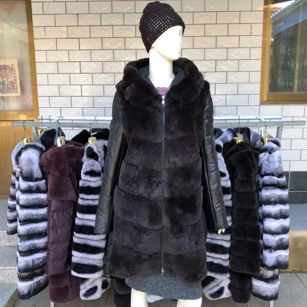 Luxury Rex Rabbit Fur Coat with Hood