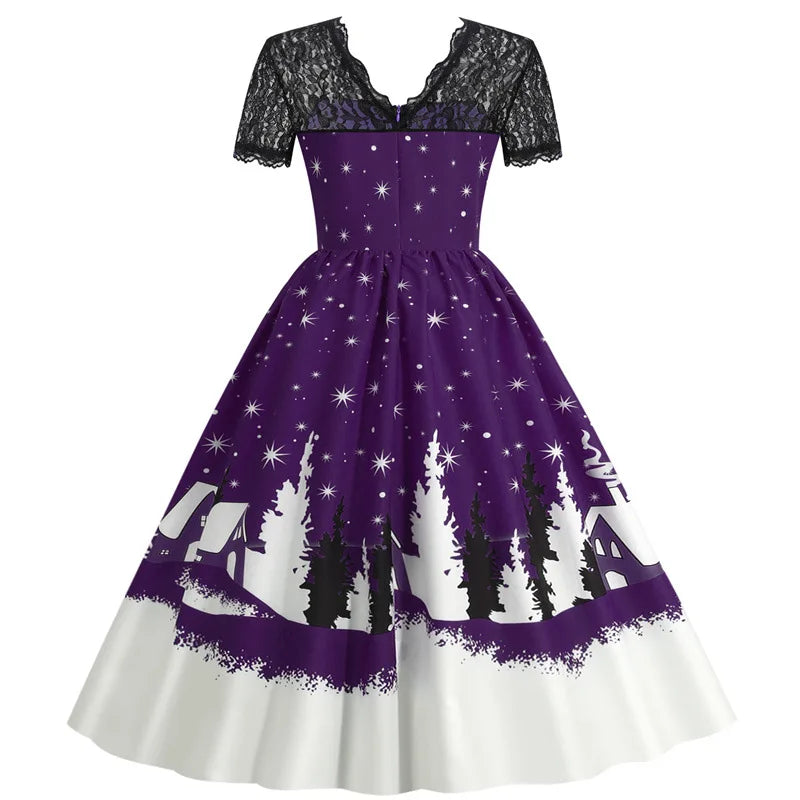 Holiday Lace-Trim Vintage Waist Dress