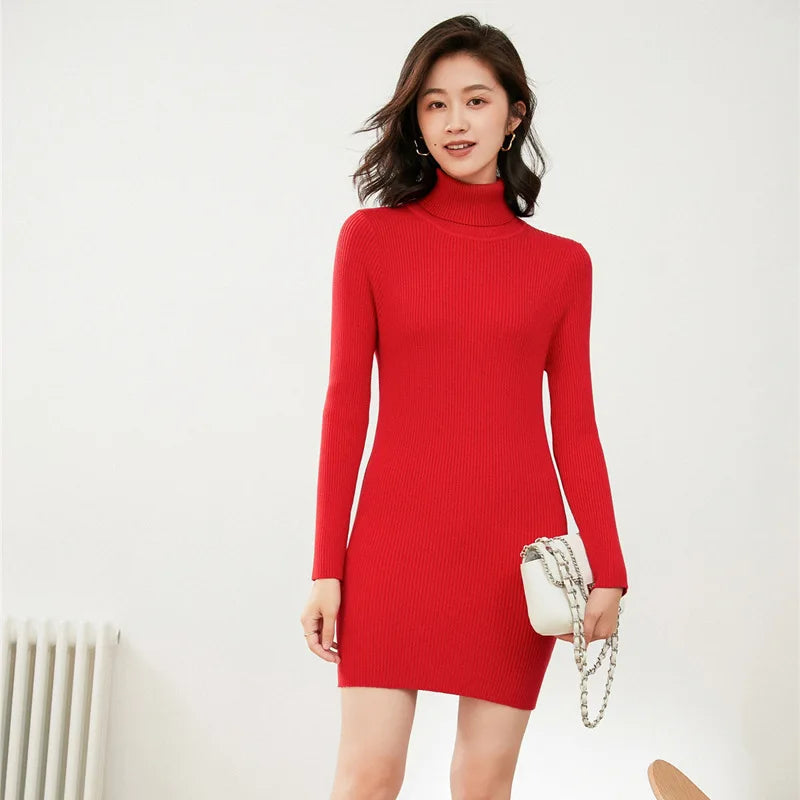 MRMT 2025 Brand New Turtleneck Women's Dresses Slim-Fit Solid Color Women Dress Tight-Fitting Knitted Bag Hip Woman Dress
