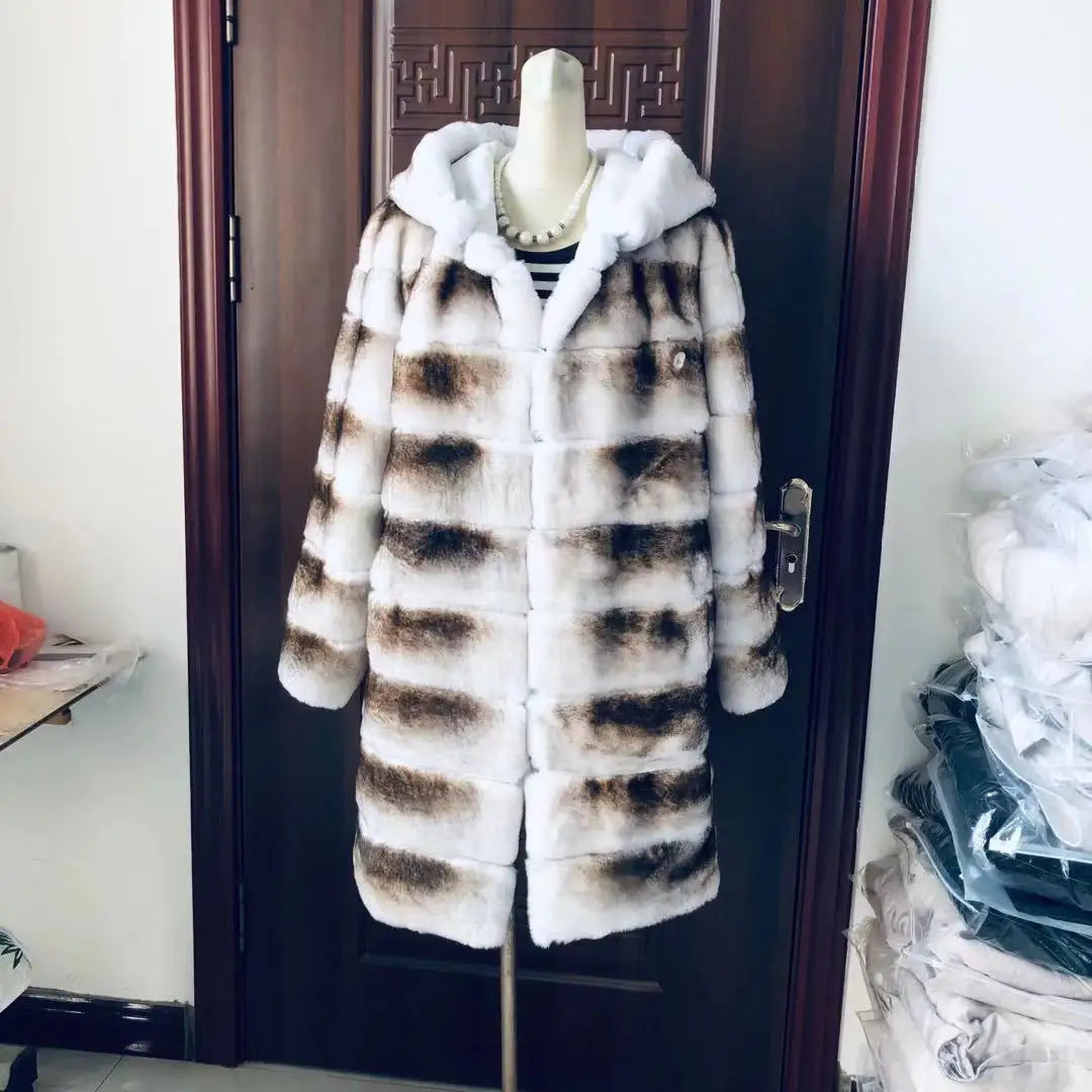 Luxury Rex Rabbit Fur Coat with Hood