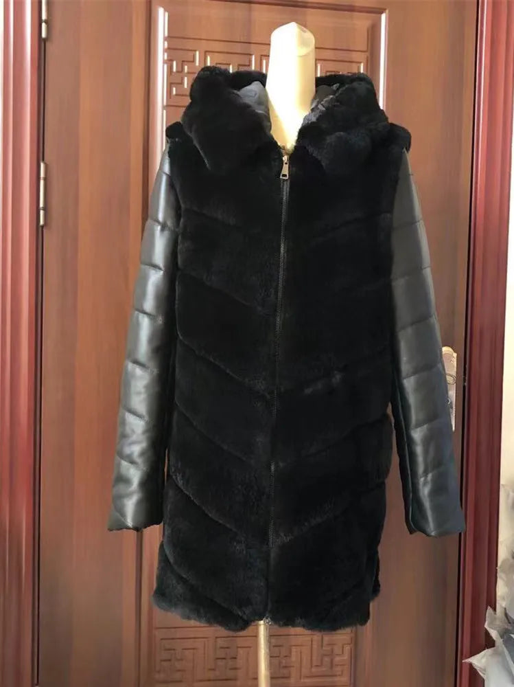 Luxury Rex Rabbit Fur Coat with Hood
