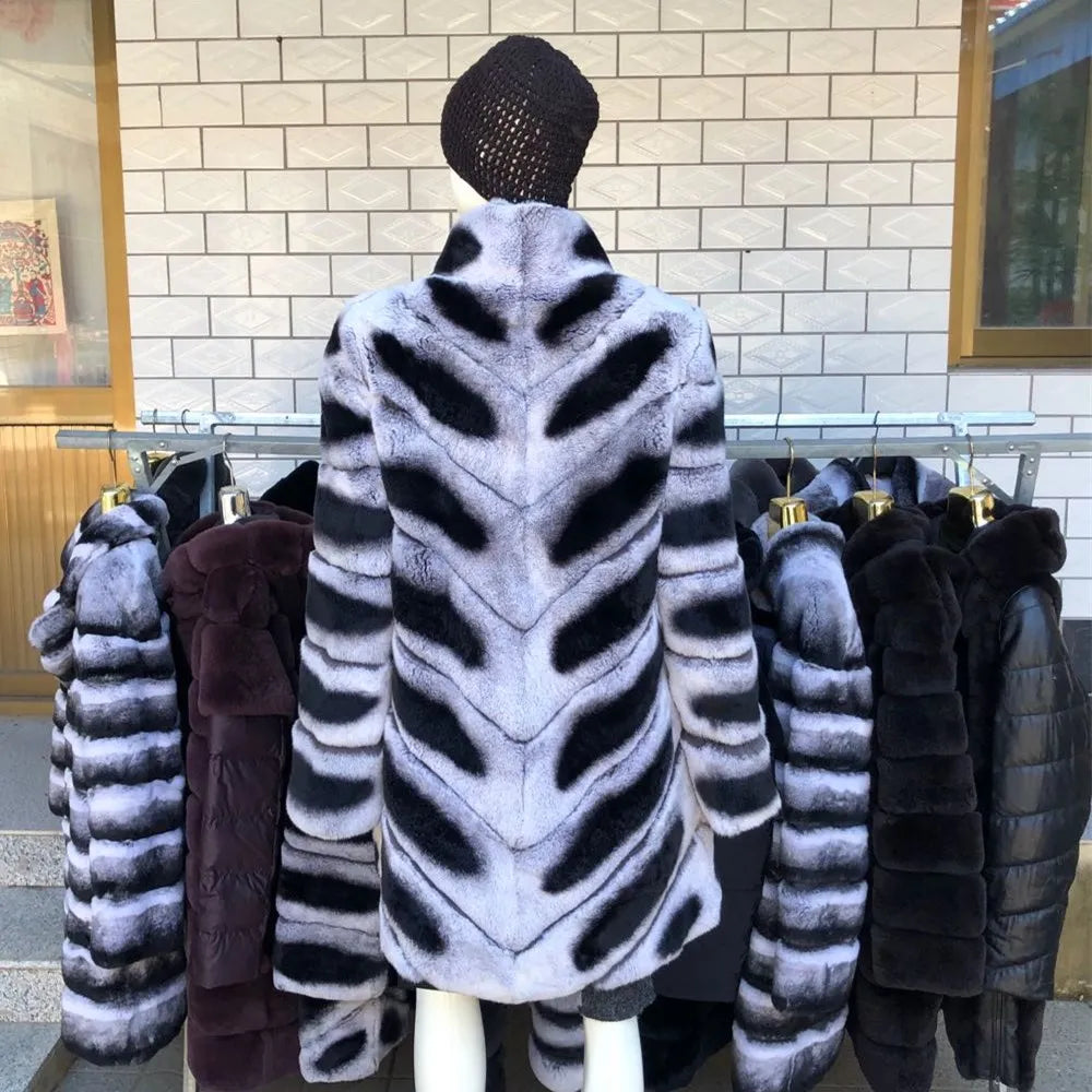 Luxury Rex Rabbit Fur Coat with Hood