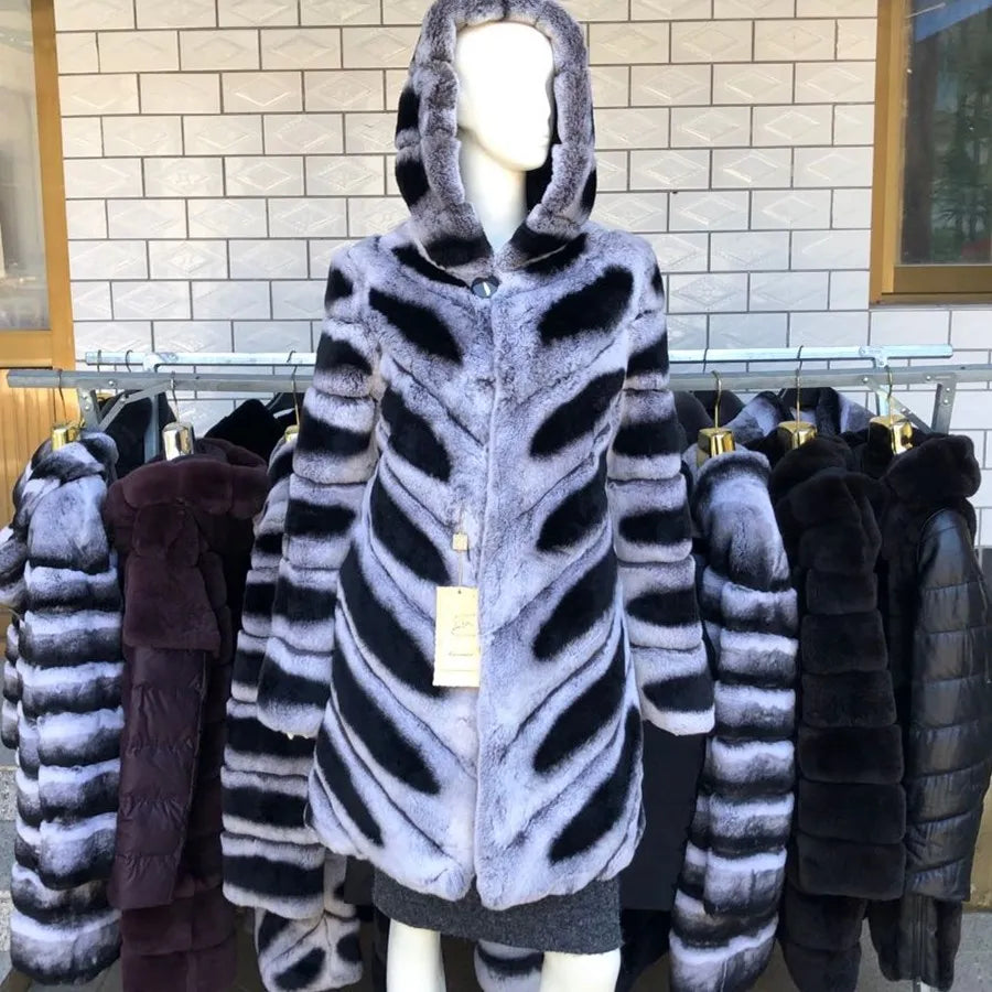 Luxury Rex Rabbit Fur Coat with Hood