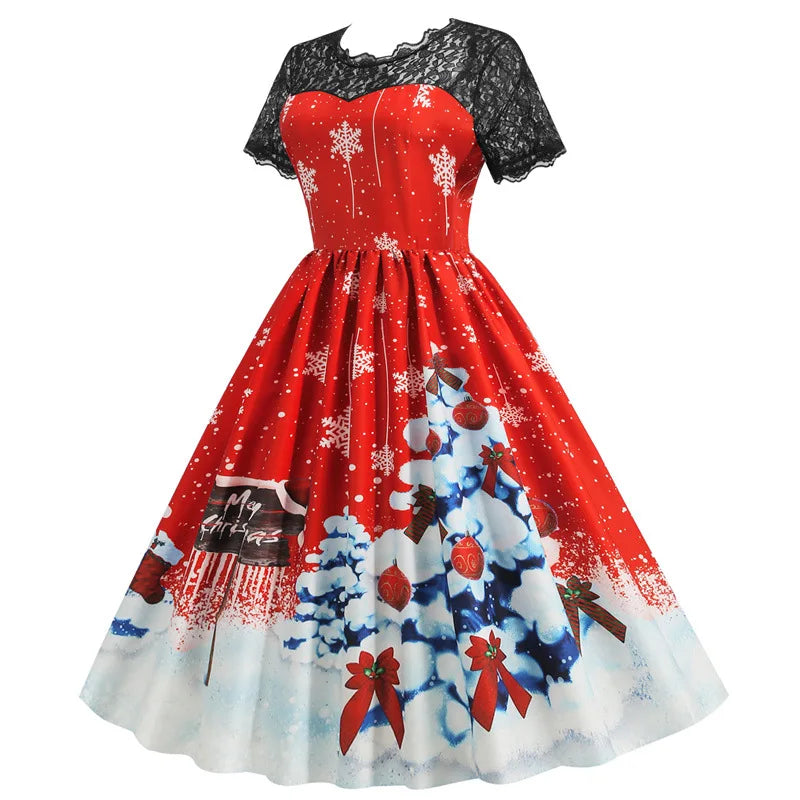 Holiday Lace-Trim Vintage Waist Dress