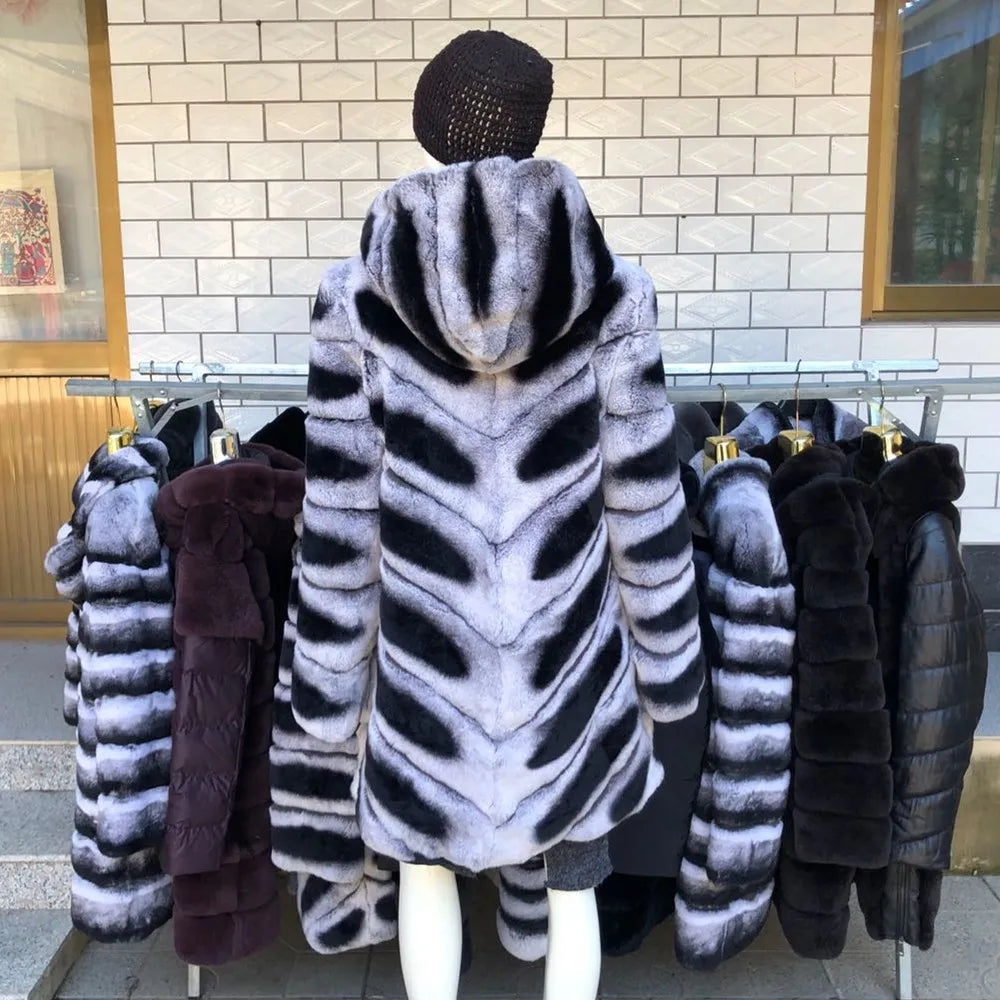 Luxury Rex Rabbit Fur Coat with Hood