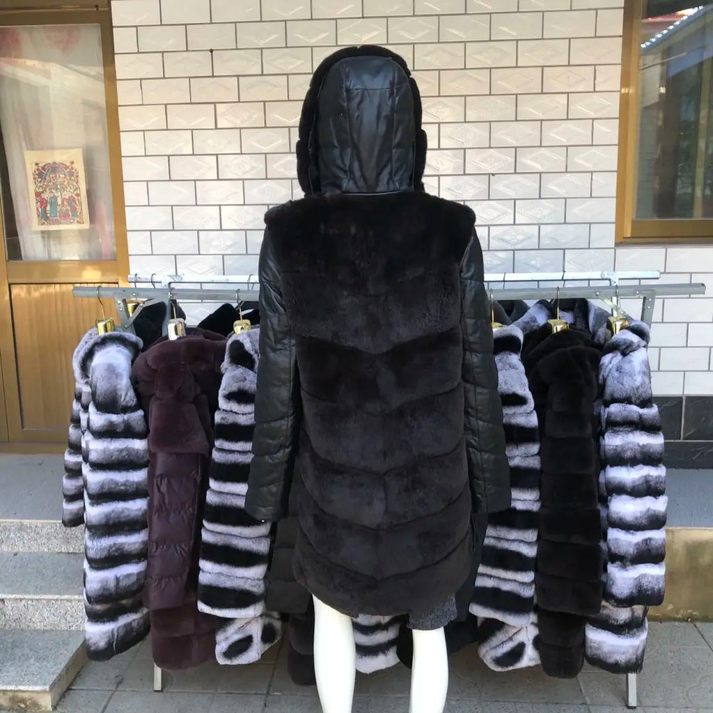 Luxury Rex Rabbit Fur Coat with Hood