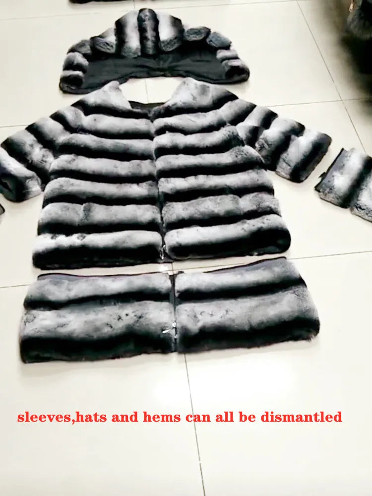 Luxury Rex Rabbit Fur Coat with Hood