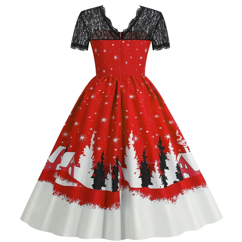 Holiday Lace-Trim Vintage Waist Dress