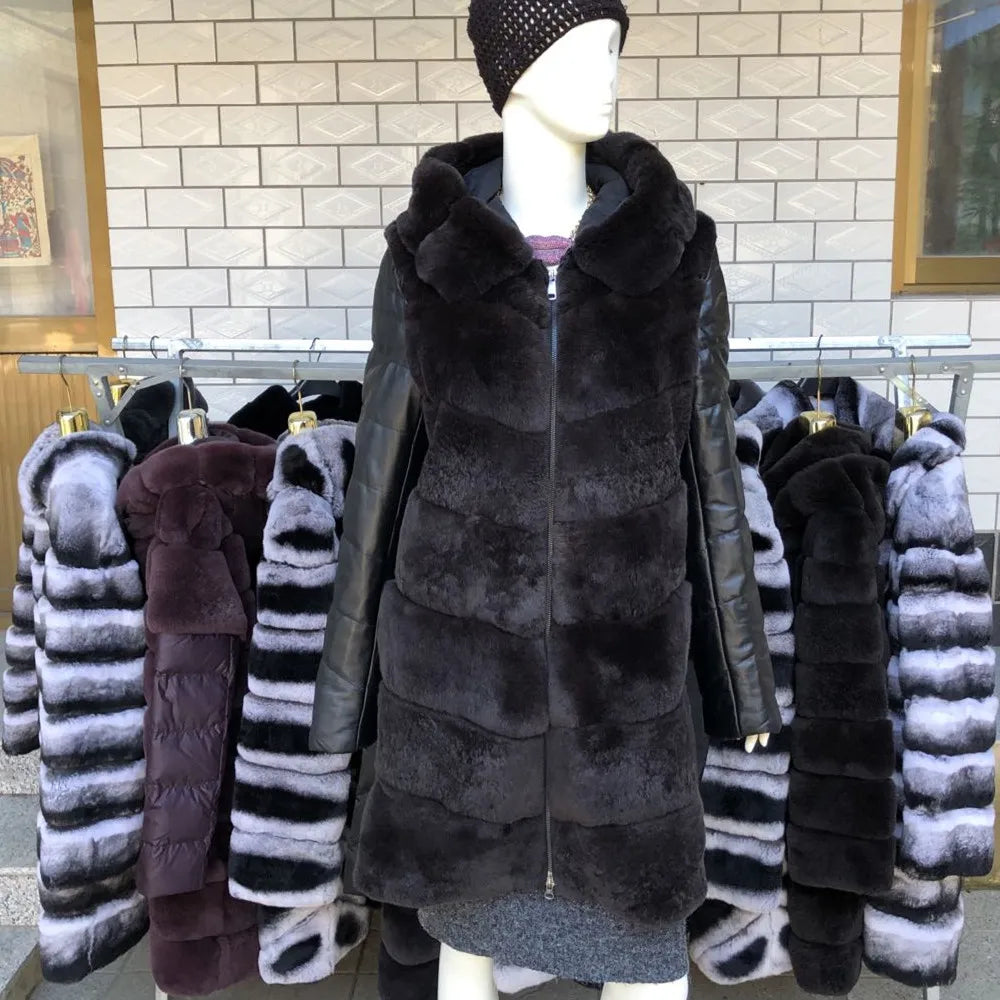Luxury Rex Rabbit Fur Coat with Hood