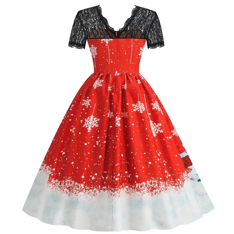 Holiday Lace-Trim Vintage Waist Dress