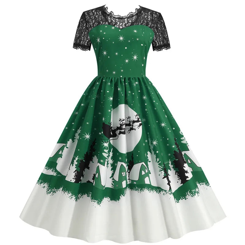 Holiday Lace-Trim Vintage Waist Dress