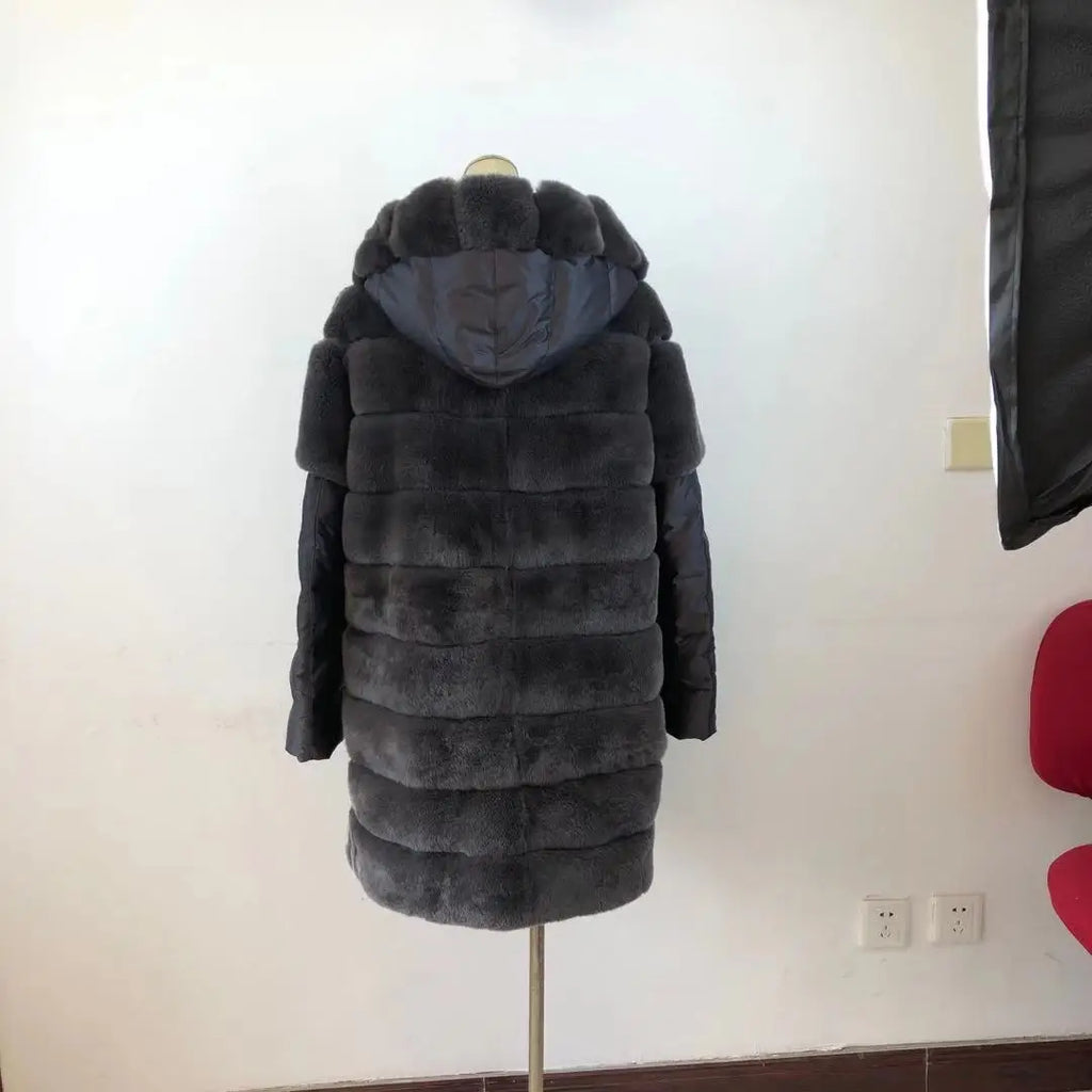 Luxury Rex Rabbit Fur Coat with Hood