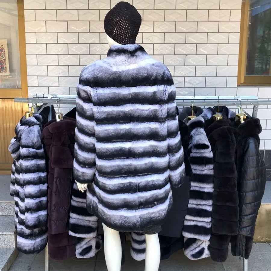 Luxury Rex Rabbit Fur Coat with Hood