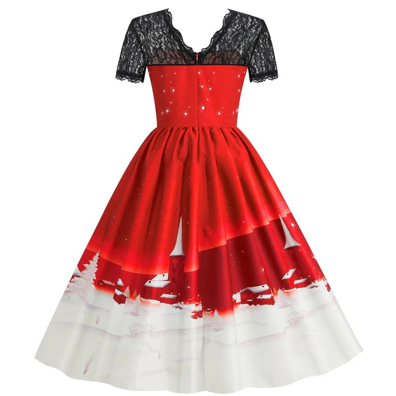 Holiday Lace-Trim Vintage Waist Dress