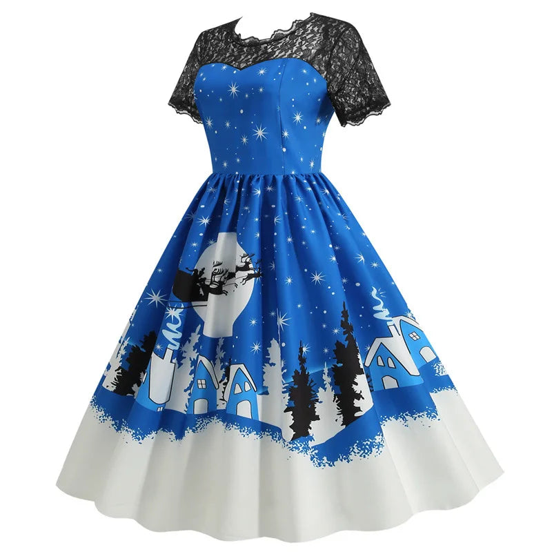Holiday Lace-Trim Vintage Waist Dress