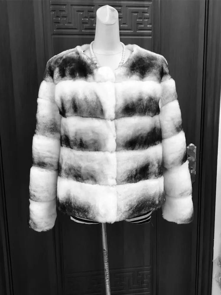 Luxury Rex Rabbit Fur Coat with Hood