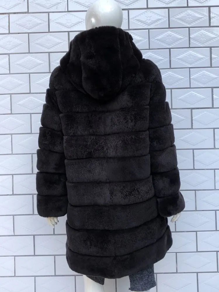 Luxury Rex Rabbit Fur Coat with Hood