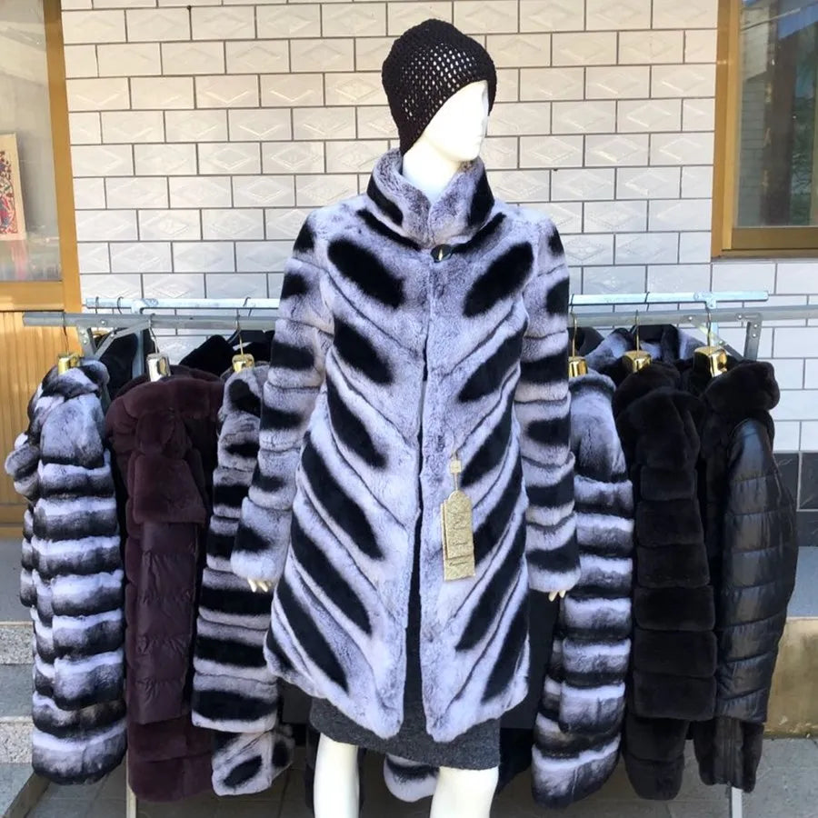Luxury Rex Rabbit Fur Coat with Hood