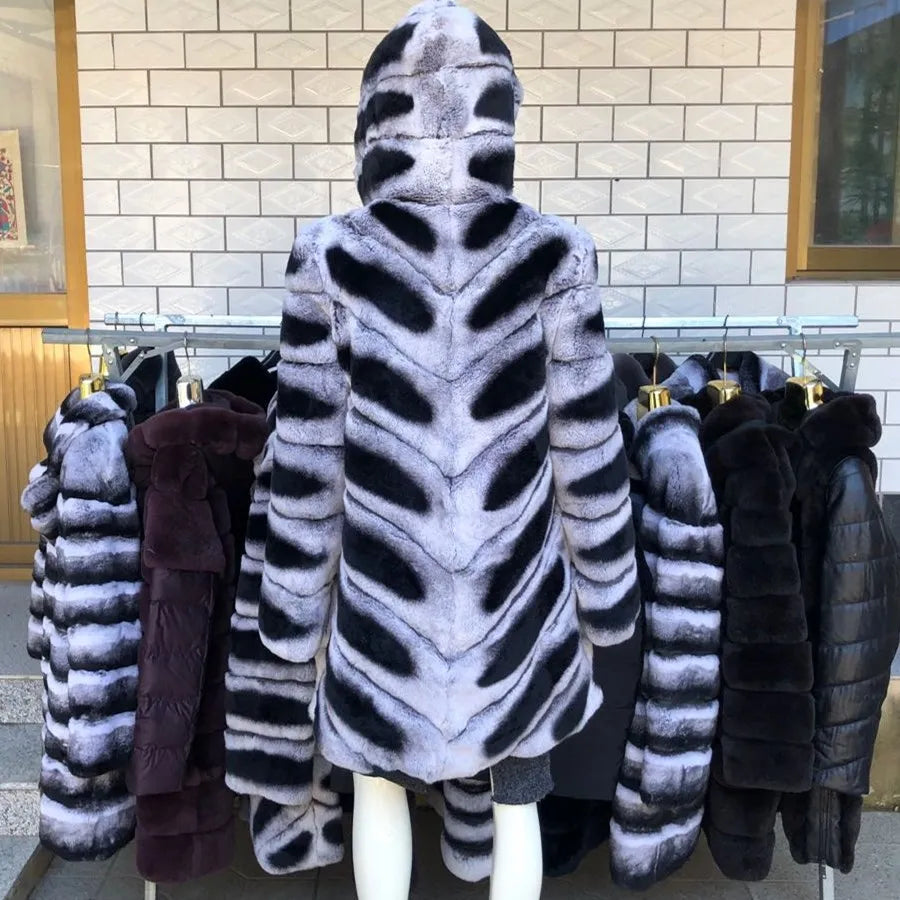 Luxury Rex Rabbit Fur Coat with Hood