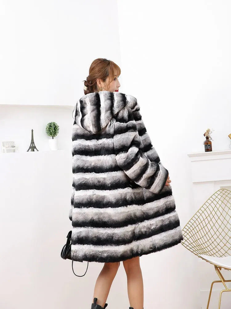 Luxury Rex Rabbit Fur Coat with Hood