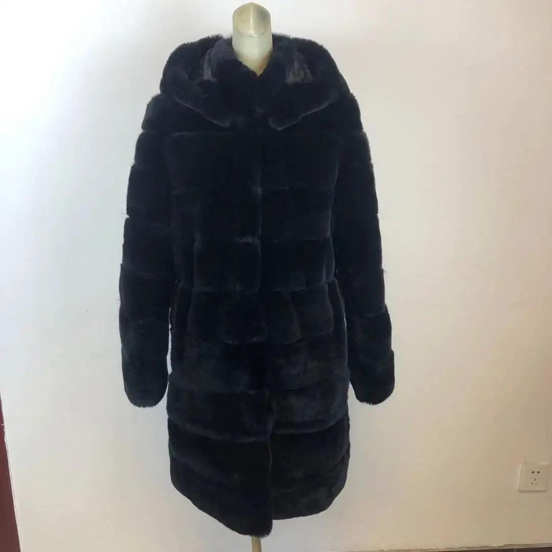 Luxury Rex Rabbit Fur Coat with Hood