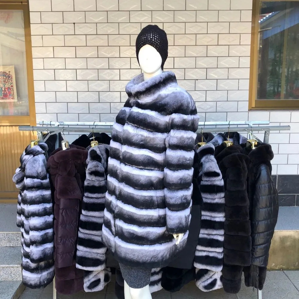 Luxury Rex Rabbit Fur Coat with Hood
