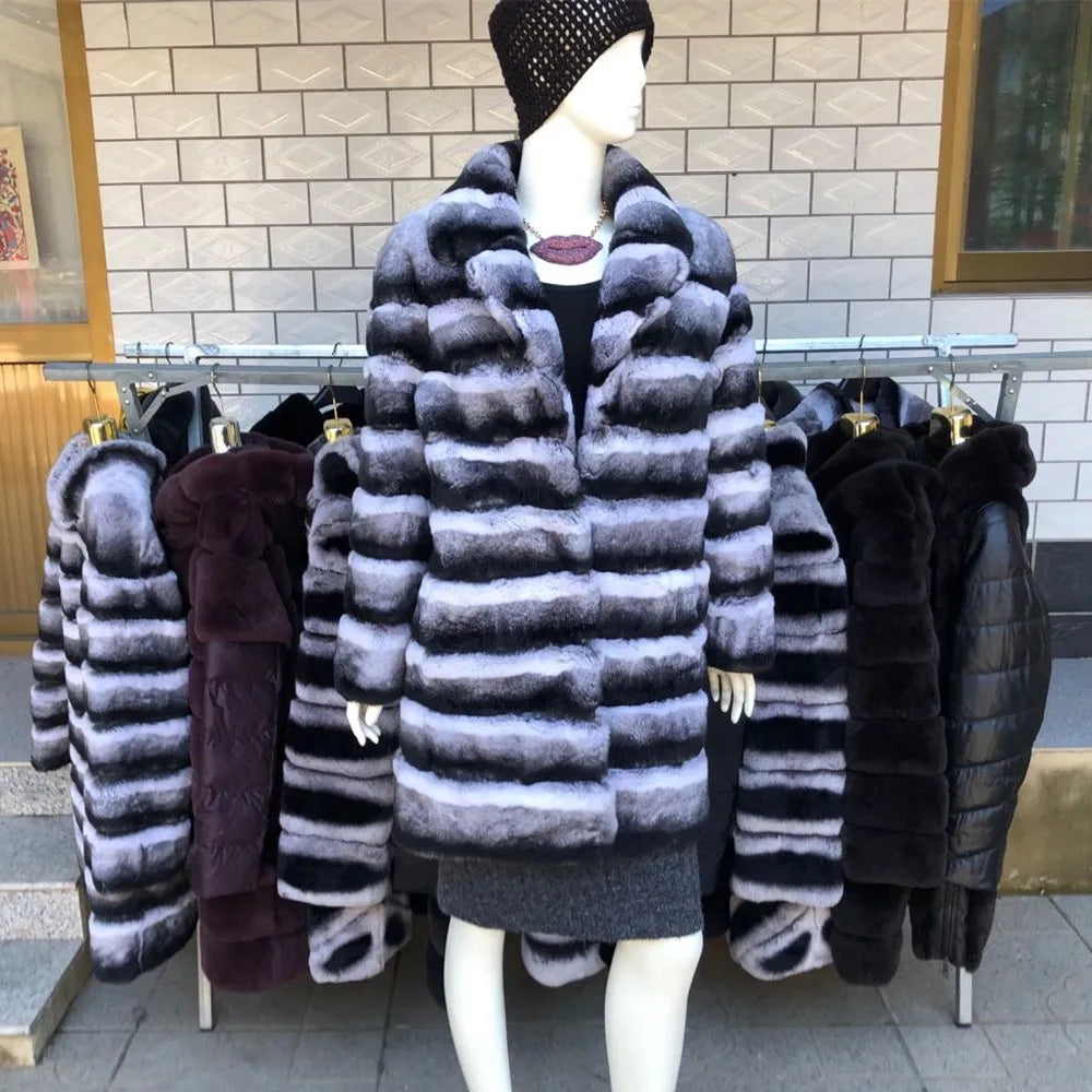 Luxury Rex Rabbit Fur Coat with Hood