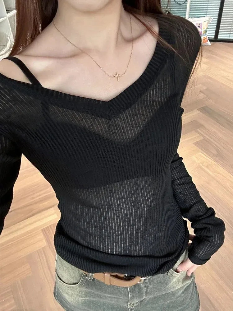 Sheer Stretch V-Neck Long Sleeve Tee