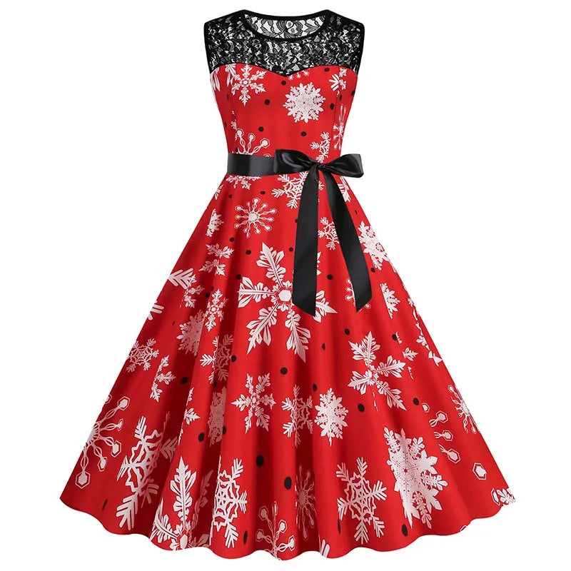 Christmas Dress Women Vintage 50s Lace Sleeveless Print Party A Line Santa Claus Sundress Runway Midi Pinup Flare Dresses