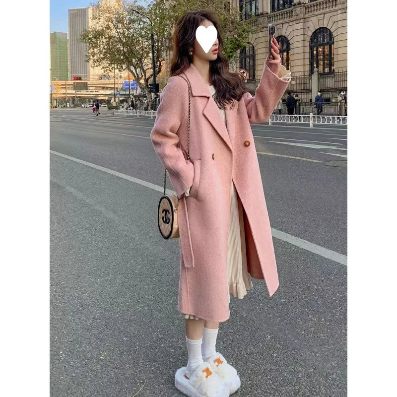 Elegant Pink Belted Wool Coat