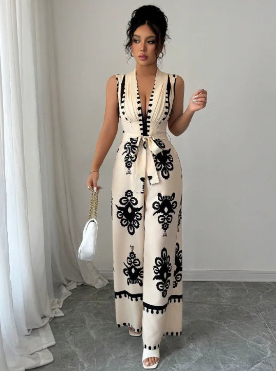High Street V-Neck Lace-Up Wide Leg Jumpsuit