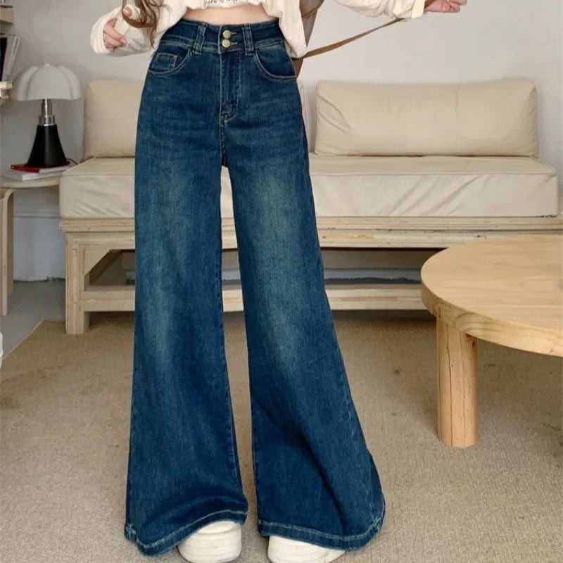 High-Waist Wide-Leg Stretch Denim Pants